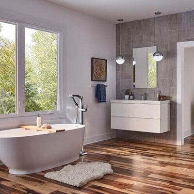bathroom with modern sink and tub